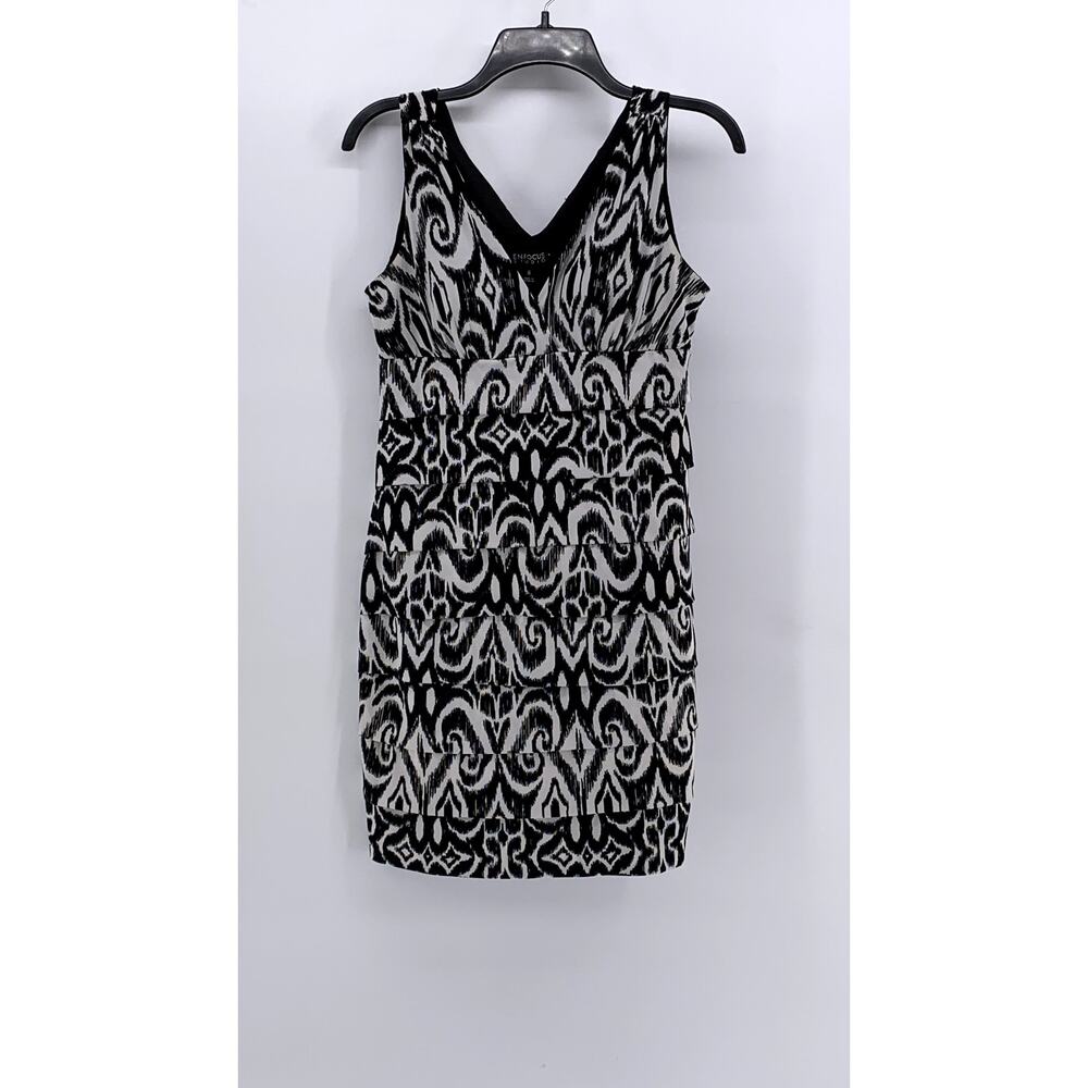 ENFOCUS STUDIO Women's Black-White Printed Sleeveless V-Neck Sheath Dress SZ 8